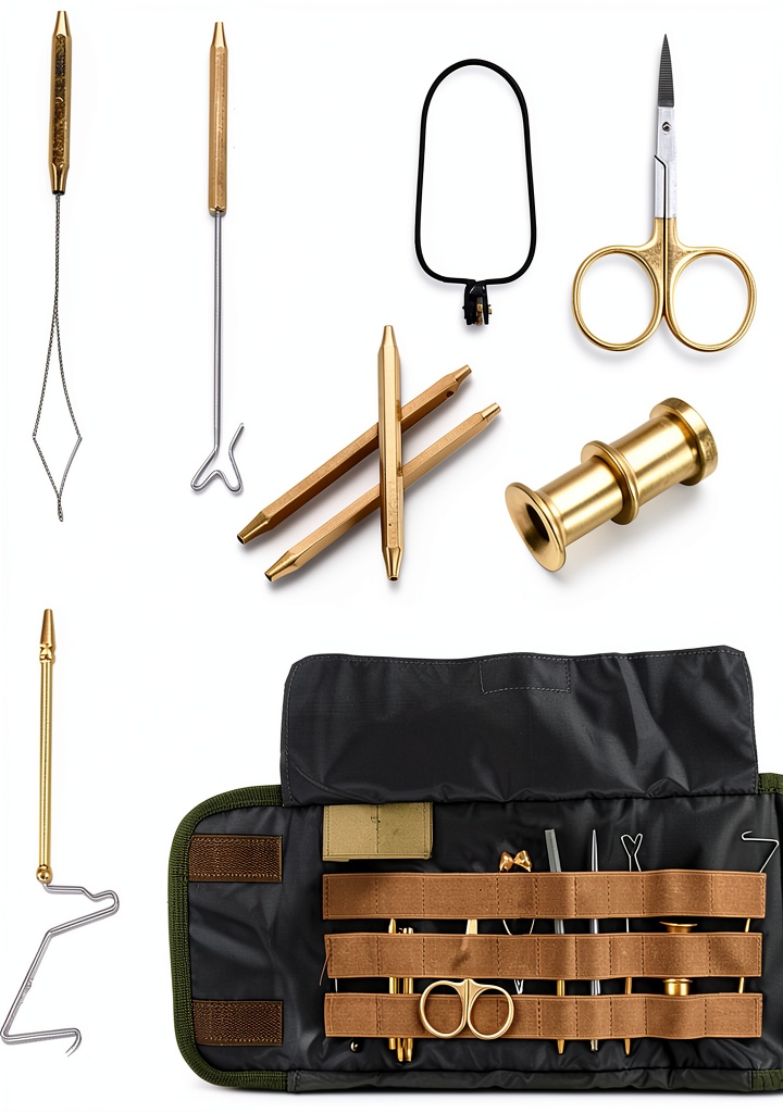 Installing Maxcatch Fly Tying Tools Set 9-Piece Kit with Durable Carry Pouch on a wooden desk