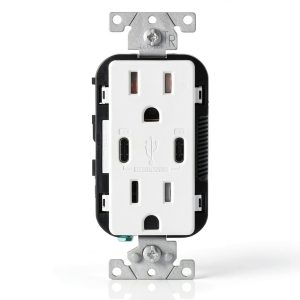 Leviton 30W (6A) USB Dual Type-C/C Power Delivery In-Wall Charger with 15A Tamper-Resistant Outlet, USB Charger for Smartphones, Tablets, Laptops, T5635-W, White-0