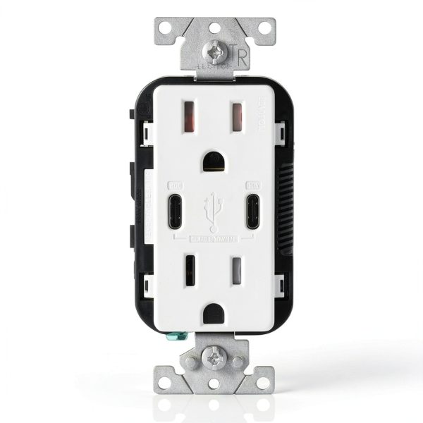 Leviton 30W (6A) USB Dual Type-C/C Power Delivery In-Wall Charger with 15A Tamper-Resistant Outlet, USB Charger for Smartphones, Tablets, Laptops, T5635-W, White-0